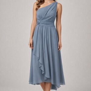 One-Shoulder Dusty Blue Chiffon Midi Dress with Twist Detail